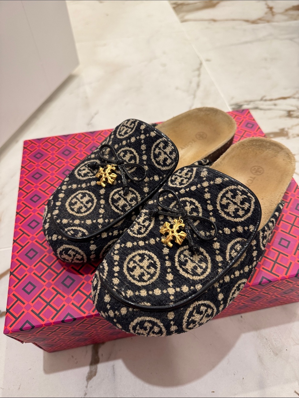 Tory Burch Black & Cream Logo Slide Mules with Gold Accent